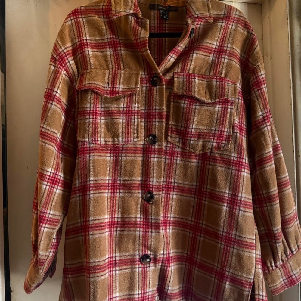 Forever 21 Red and Tan Plaid Button-Down Shirt